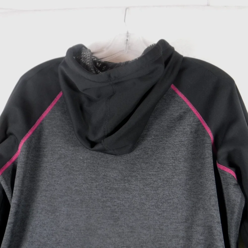 Nike Therma Fit Pullover Hoodie Women L Black Gray Pink Swoosh Logo Thumb Holes